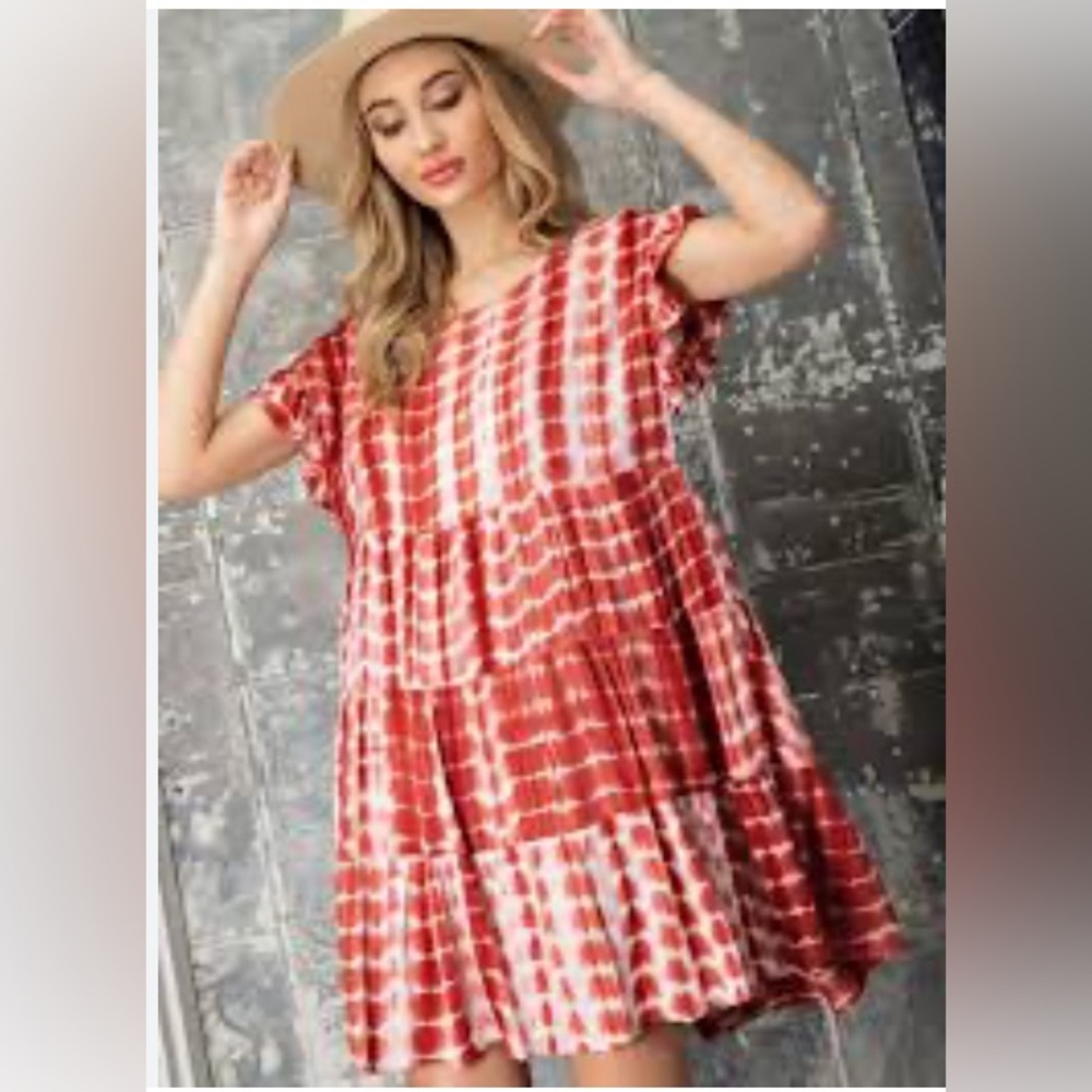 EESOME Rust Tie Dye Pleated Ruffle Tire Dress | New without Tags